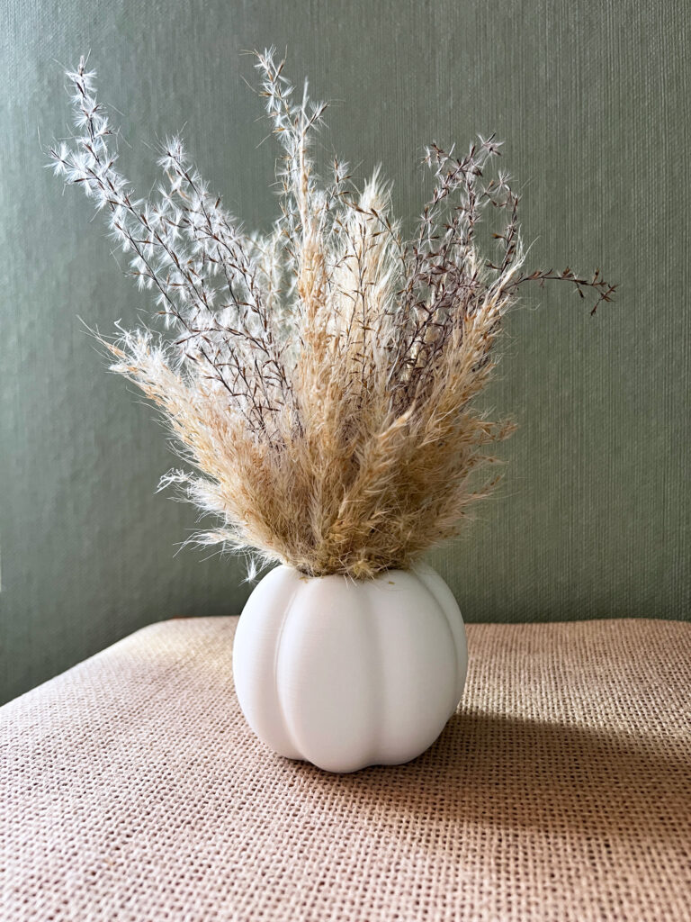 Kürbis zum dekorieren - als Vase in weiß mit Trockenblumen